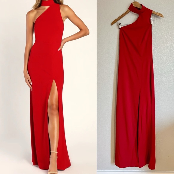NWOT keep it Interesting Red Asymmetrical Cutout Halter Maxi Dress - Picture 3 of 7